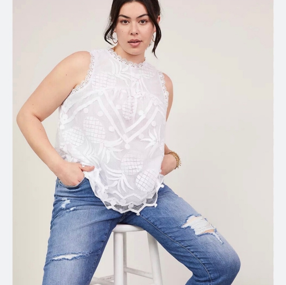 NWT Anthropologie Maeve White Lace Pineapple Tank Top Blouse Embroidery Lined
